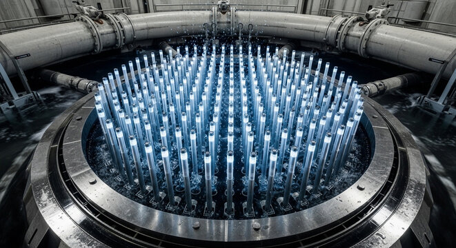 Detailed nuclear fuel rods inside reactor chamber ultra high detail