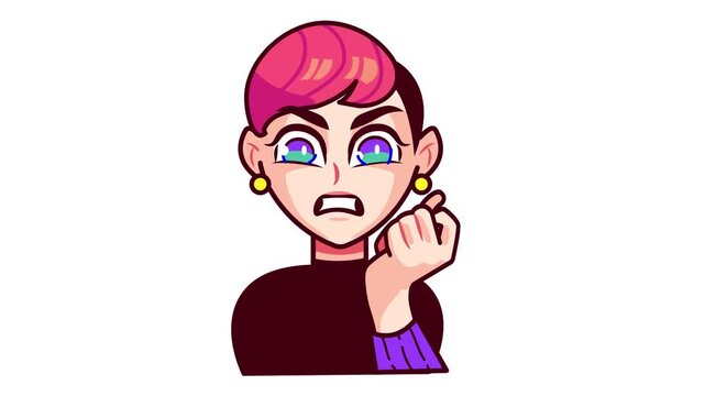 Angry animated cartoon woman with pink hair and raised fist isolated