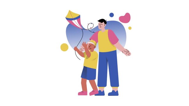 Animated father and son flying a kite in playful summer family scene