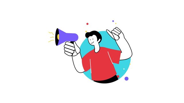 Animated person with megaphone and raised fist for protest announcement