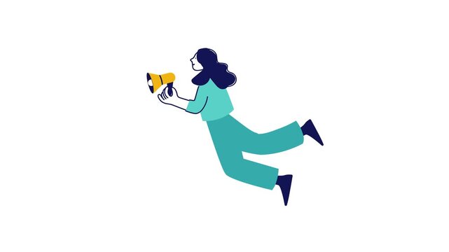 Animated woman flying with megaphone on isolated white background