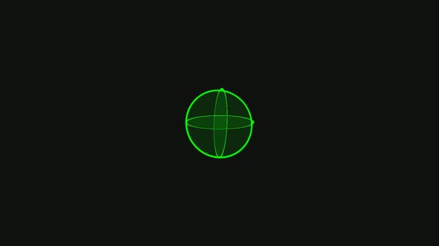Glowing Green Wireframe Sphere with Crosshairs on Dark Background