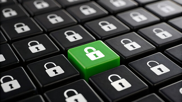 3d green secure login button on digital lock keyboard for cybersecurity concept