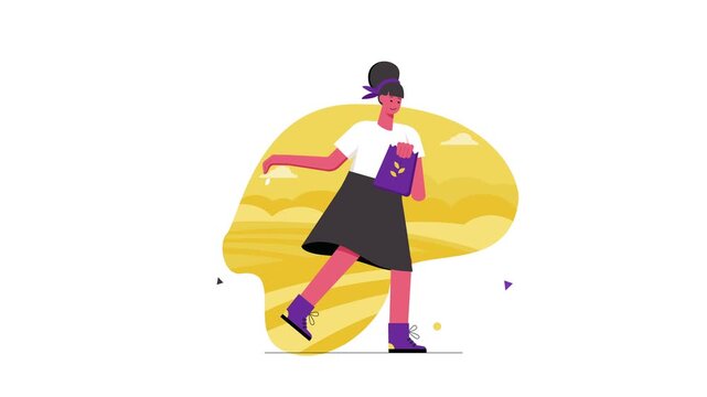 Animated woman walking with shopping bag in flat vector illustration