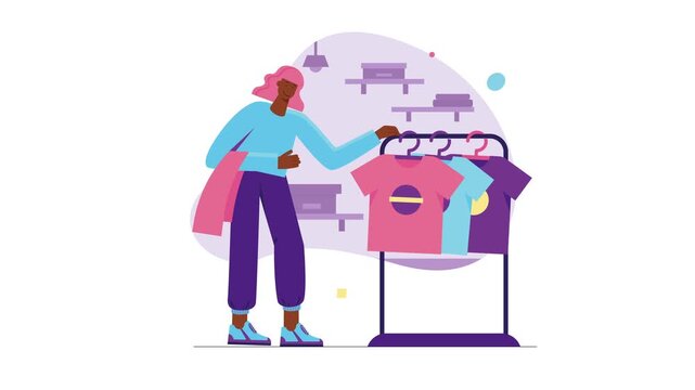 Woman choosing colorful t-shirts on rack in clothing store illustration