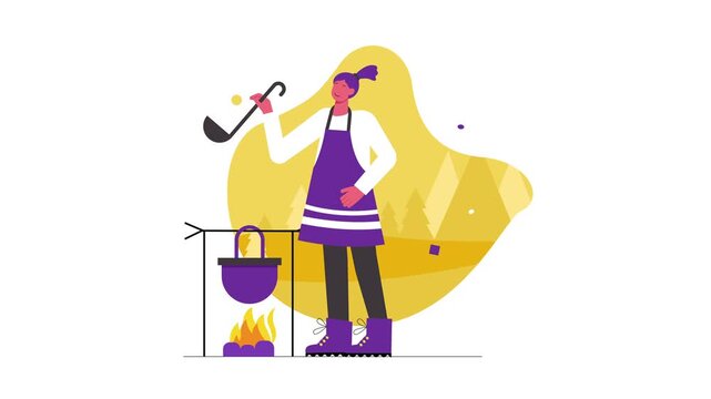 Flat animation of woman cooking over campfire with pot at campsite