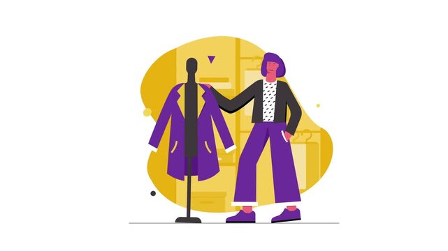 Fashion designer fitting a coat on mannequin in flat animation style