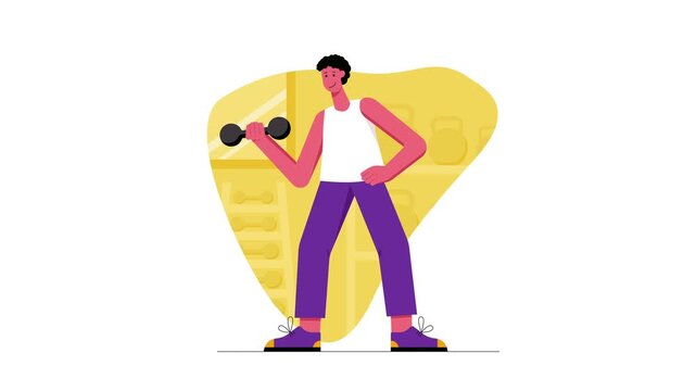 Animated man lifting dumbbell in gym workout fitness vector illustration