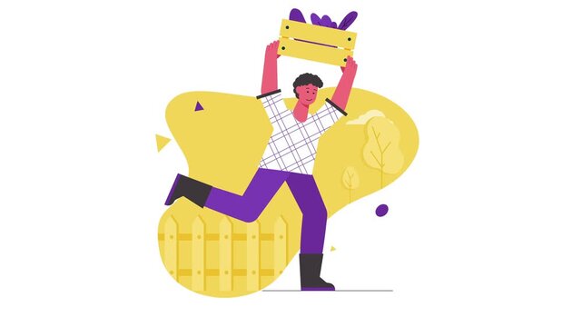 Animated man carrying plant crate in garden with fence and trees