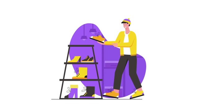 Young man shopping for shoes in a fashion store flat vector animation