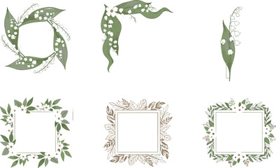 Botanical Frame and Corner Vector Set with Green Leaves and Lily of the Valley Floral Elements for Elegant Design, Wedding Invitations, and Decorative Borders © Lal