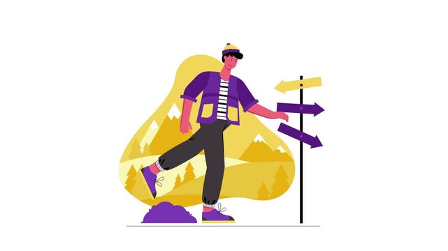 Hiker standing by direction signpost in mountain landscape animation