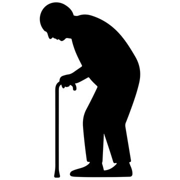 Elderly person using a cane in a bent-over posture
