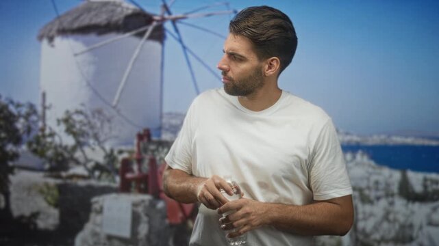Hispanic man with beard holding a water bottle and twisting the cap, standing by a white windmill building overlooking the sea; vacation calm.