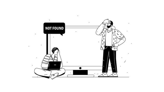 404 not found error page with frustrated people and computer animation