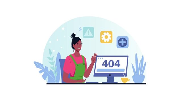 Animated woman troubleshooting 404 website error on desktop computer