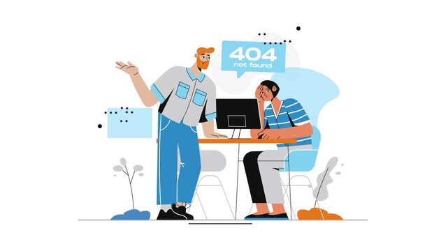 Animated 404 not found website error with frustrated users at computer