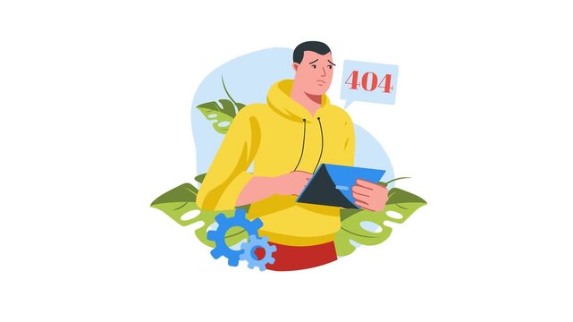 Confused man in yellow hoodie holding tablet with 404 error message