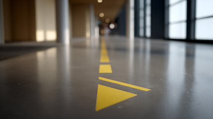 Fototapeta premium Abstract indoor ground-level view of a long hallway with a bright yellow guiding line leading forward, modern architectural space, perspective