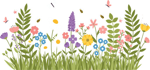 Fototapeta premium Colorful Wildflower Meadow Illustration with Blooming Garden Plants Bees Butterflies and Dragonflies in Spring Nature Landscape Decorative Vector Background