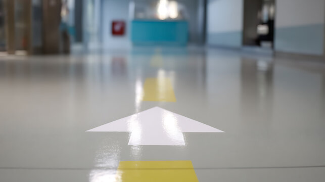 Bright hospital corridor with clear directional arrows on a polished floor, guiding the path forward in a sterile, modern healthcare environment