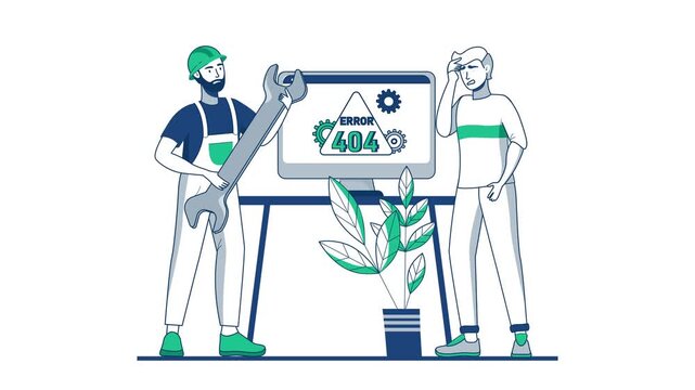 Animated web maintenance team fixing 404 error on desktop computer