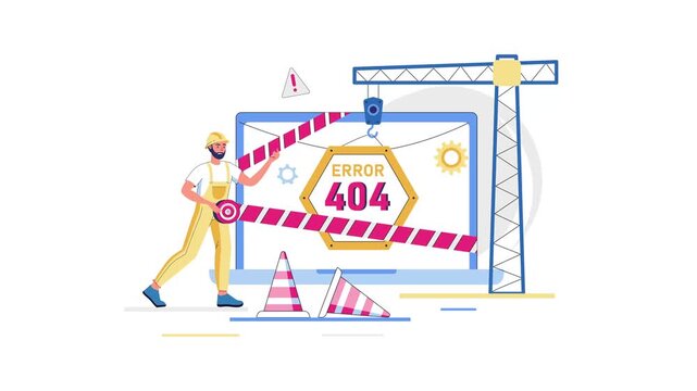 Construction worker fixing 404 error page with crane, animated illustration
