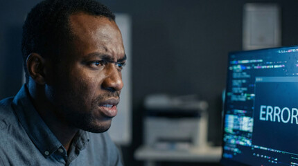 Fototapeta premium Black man concerned looking at flickering screen micro-problems concept indoors