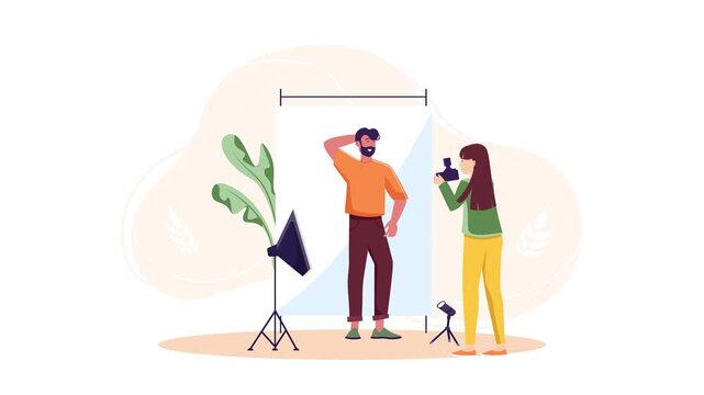 Animated studio photoshoot with model and photographer under softbox lights