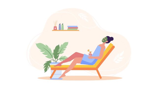 Woman relaxing with face mask and cocktail in spa chair, animated illustration