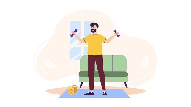 Man exercising with dumbbells in living room home workout animation