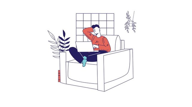 Animated man working on laptop in bed at cozy home bedroom workspace