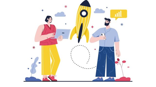 Startup team launching rocket in animation with laptop and phone