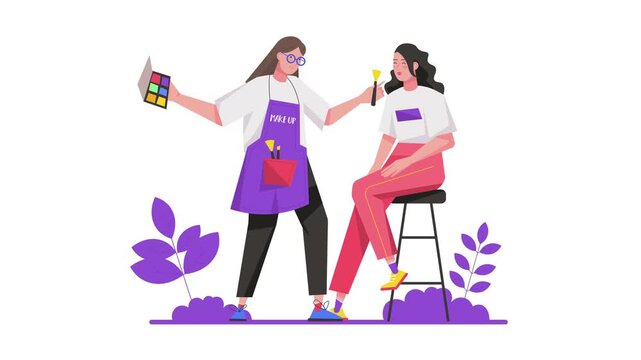 Animated makeup artist applying cosmetics to seated client in beauty salon