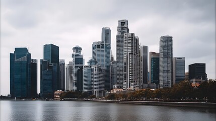 Obraz premium A serene cityscape featuring tall modern skyscrapers along a waterfront under a cloudy sky