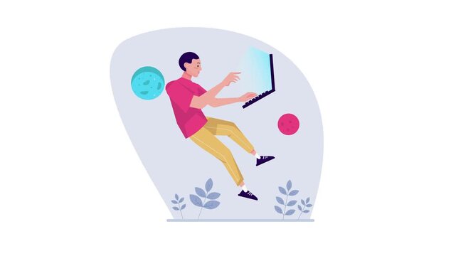 Animated stressed man falling while typing on laptop in flat illustration