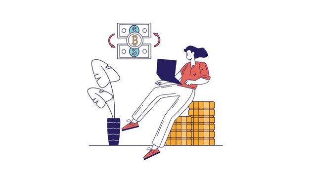 Animated flat illustration of woman working on laptop beside bitcoin stacks