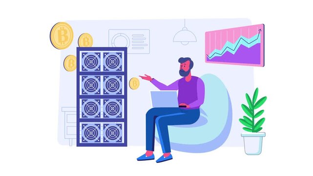 Animated crypto trader monitoring bitcoin mining rig and growth chart