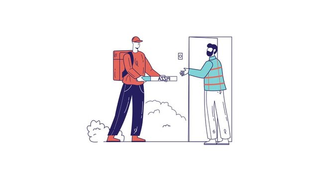 Pizza delivery courier handing box to customer at front door animation