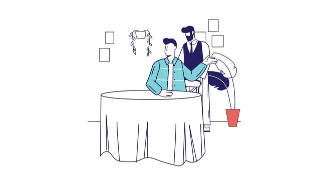 Animated modern cafe scene with two men at table and potted plant