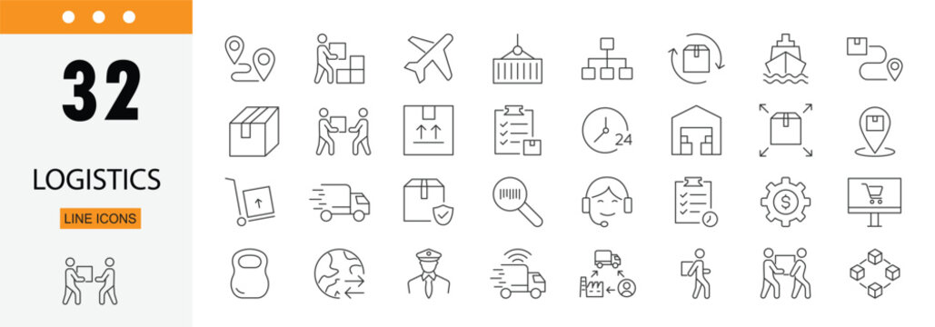 Logistics icons set representing supply chain, shipping, warehouse, delivery, distribution, tracking and transportation management. Editable Stroke.