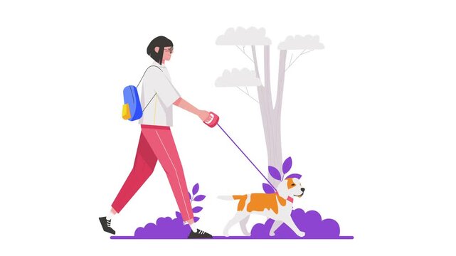 Flat animation of woman walking dog in park with backpack and leash