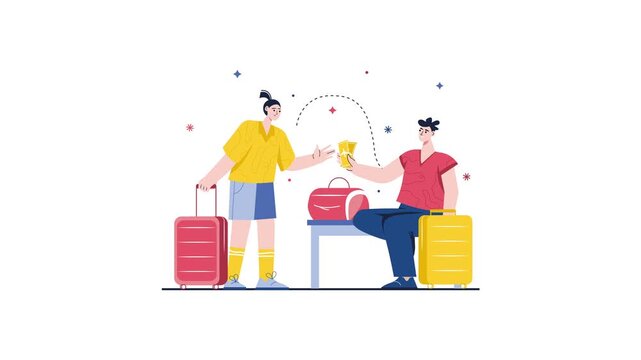 Travelers exchanging tickets and payment beside luggage, animated illustration