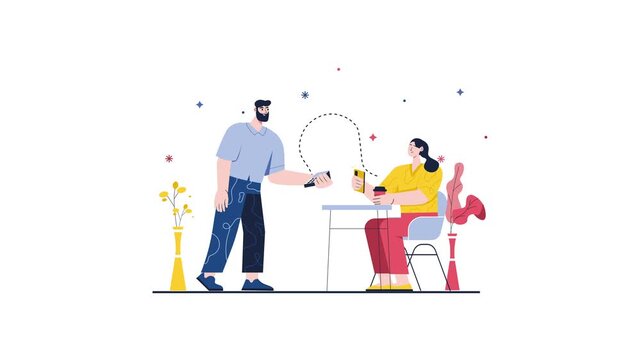 Animated contactless payment between customer and woman at cafe table