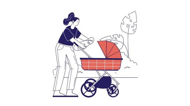 Woman pushing stroller in park, flat outdoor animation illustration