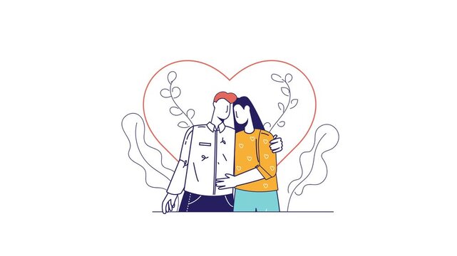 Romantic couple hugging in heart frame floral vector animation