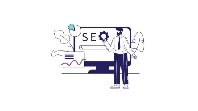 Businessman optimizing SEO analytics on search engine dashboard animation