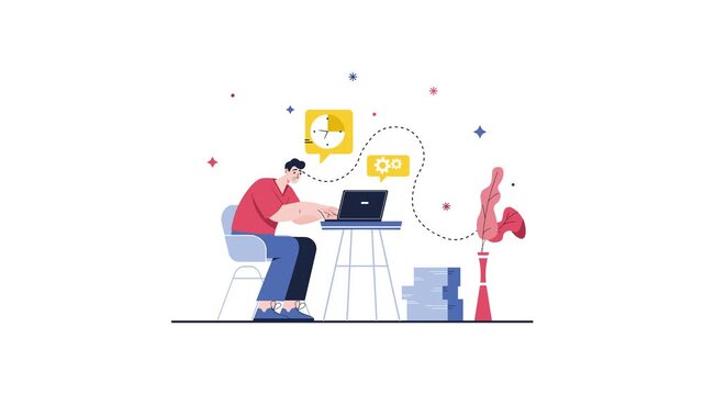 Animated freelancer working on laptop with task and time icons