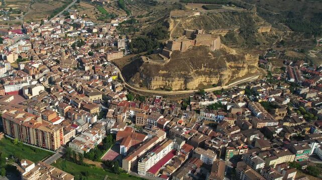 An Aerial panorama view beside the old town in the city of  Monzon on a sunny summer noon in Spain.