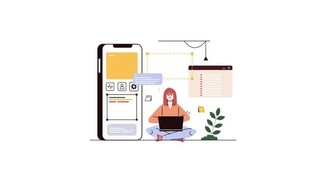 Animated mobile app development concept with female coder on laptop